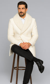 Men’s Off White Double-Breasted Peacoat Overcoat with Faux Fur Shawl Collar – Alberto Nardoni Wool Collection