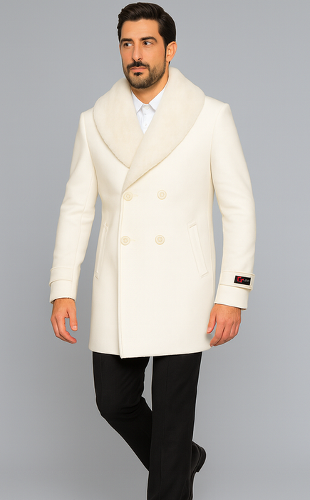 Men’s Off White Double-Breasted Peacoat Overcoat with Faux Fur Shawl Collar – Alberto Nardoni Wool Collection