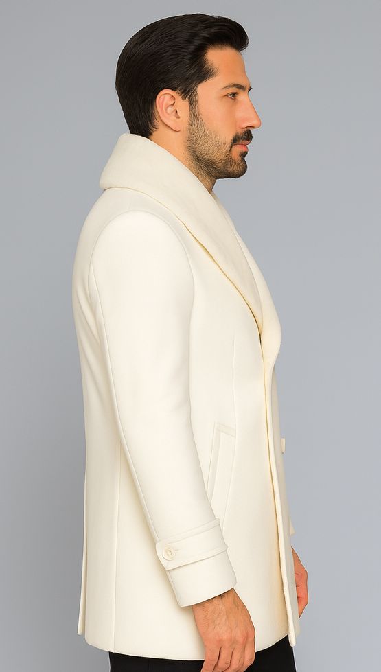 Men’s Off White Double-Breasted Peacoat Overcoat with Faux Fur Shawl Collar – Alberto Nardoni Wool Collection