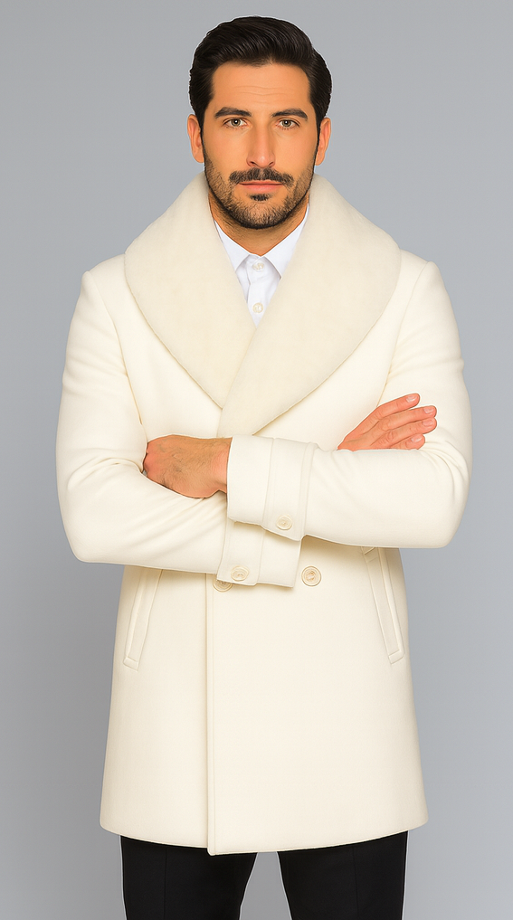 Men’s Off White Double-Breasted Peacoat Overcoat with Faux Fur Shawl Collar – Alberto Nardoni Wool Collection