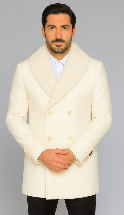 Men’s Off White Double-Breasted Peacoat Overcoat with Faux Fur Shawl Collar – Alberto Nardoni Wool Collection