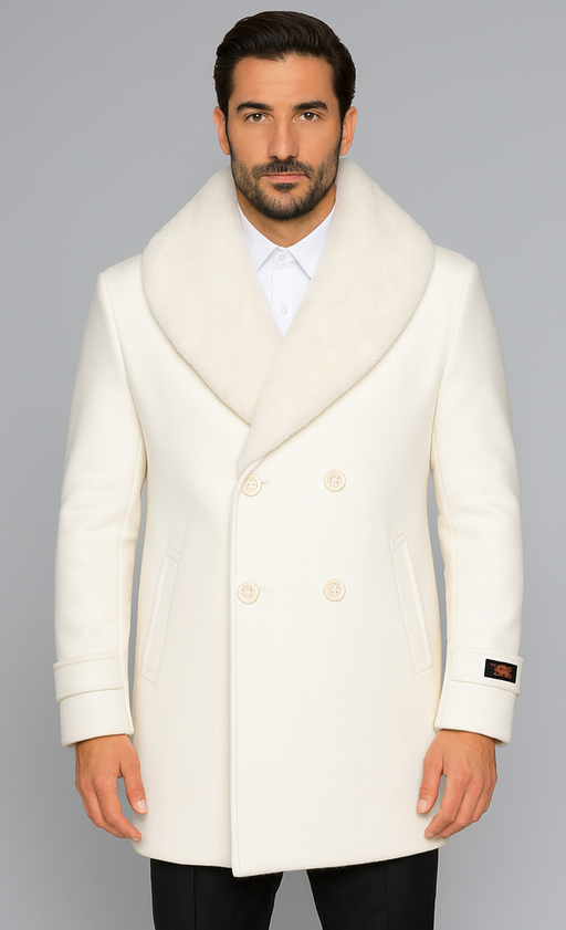 Men’s Off White Double-Breasted Peacoat Overcoat with Faux Fur Shawl Collar – Alberto Nardoni Wool Collection