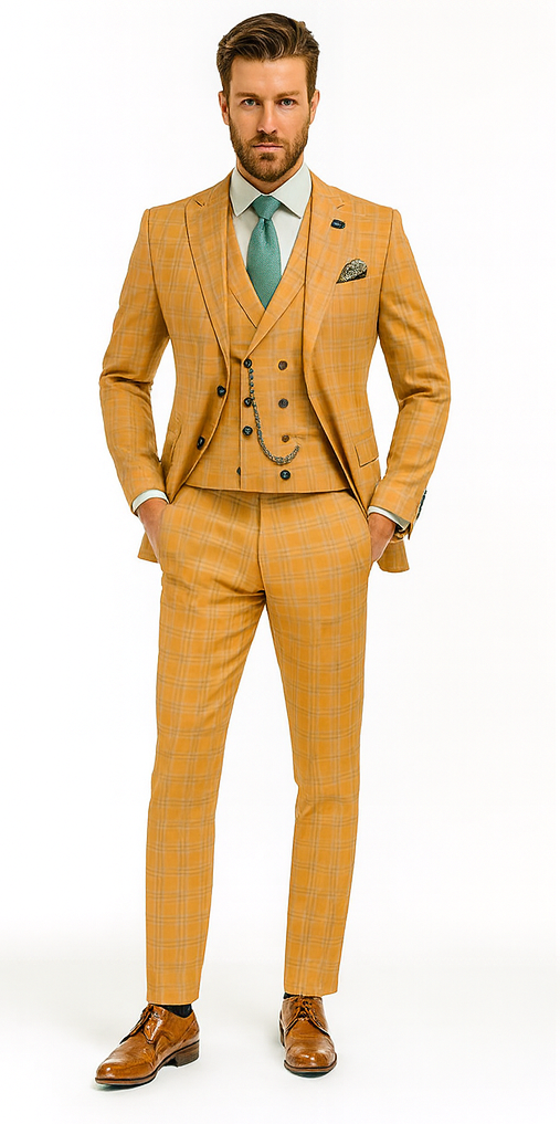Men’s Stylish Plaid Wedding Suit – Yellow 3-Piece Ensemble Modern Fit