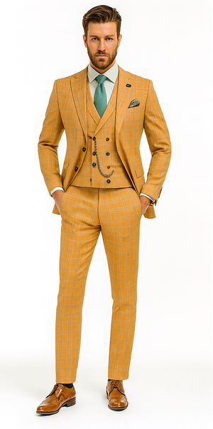 Men’s Stylish Plaid Wedding Suit – Yellow 3-Piece Ensemble