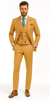 Men’s Stylish Plaid Wedding Suit – Yellow 3-Piece Ensemble