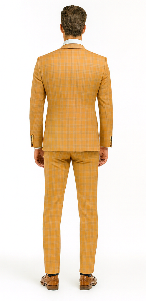 Men’s Stylish Plaid Wedding Suit – Yellow 3-Piece Ensemble Modern Fit