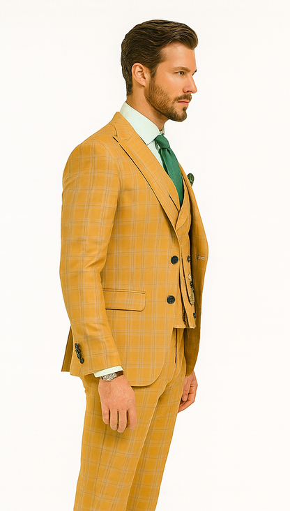 Men’s Stylish Plaid Wedding Suit – Yellow 3-Piece Ensemble Modern Fit