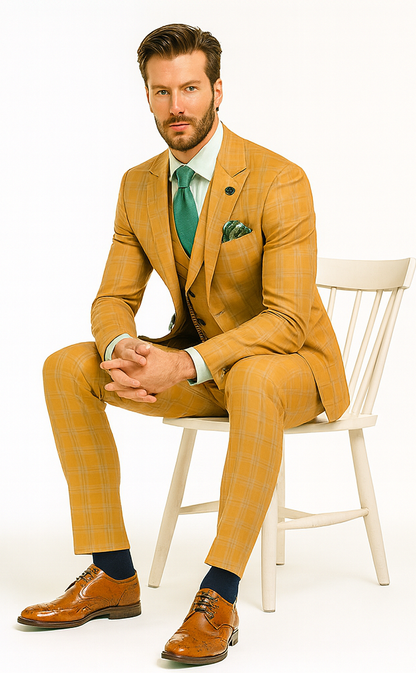 Men’s Stylish Plaid Wedding Suit – Yellow 3-Piece Ensemble Modern Fit