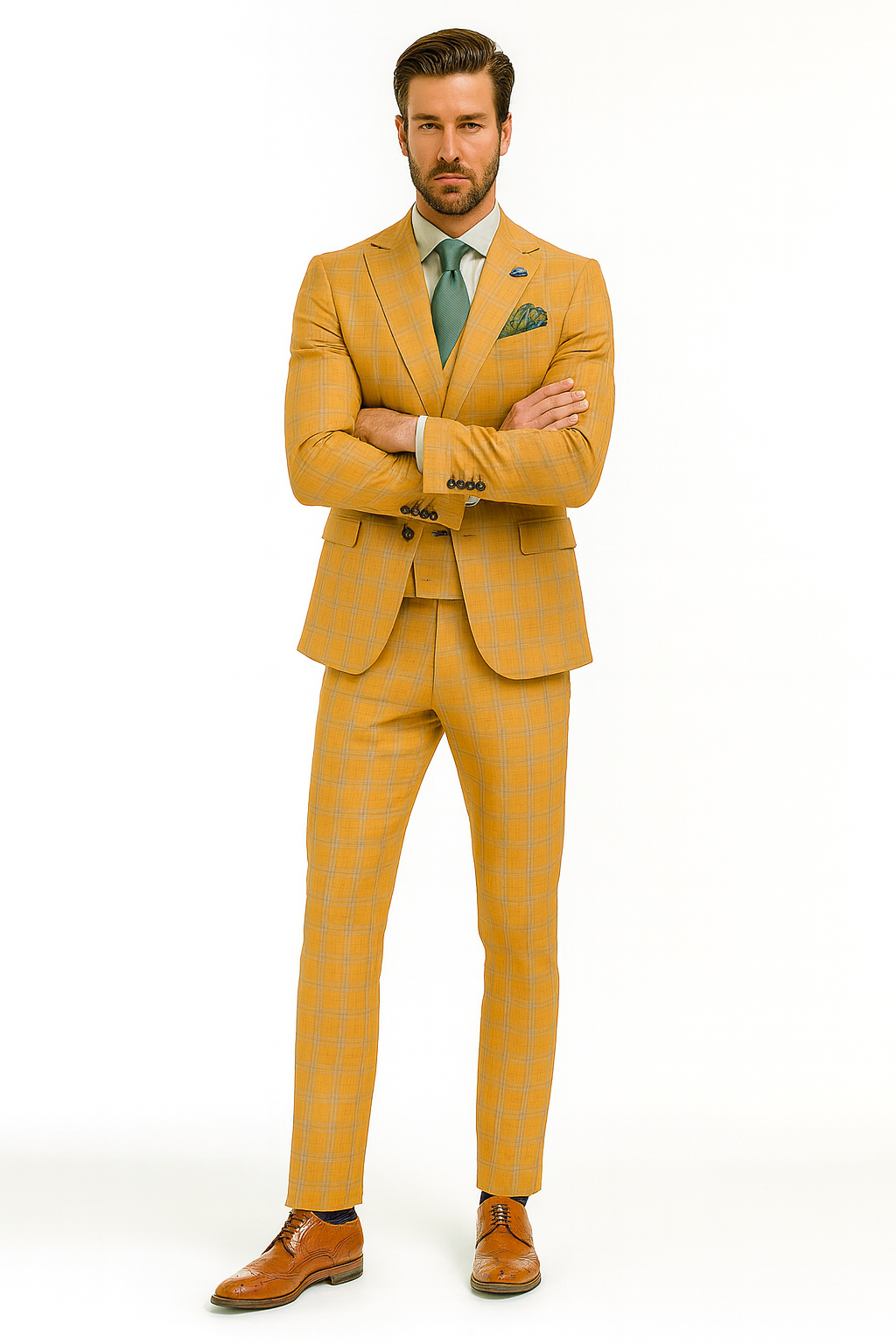 Men’s Stylish Plaid Wedding Suit – Yellow 3-Piece Ensemble Modern Fit