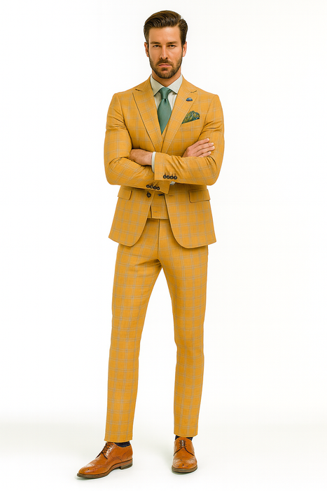 Men’s Stylish Plaid Wedding Suit – Yellow 3-Piece Ensemble
