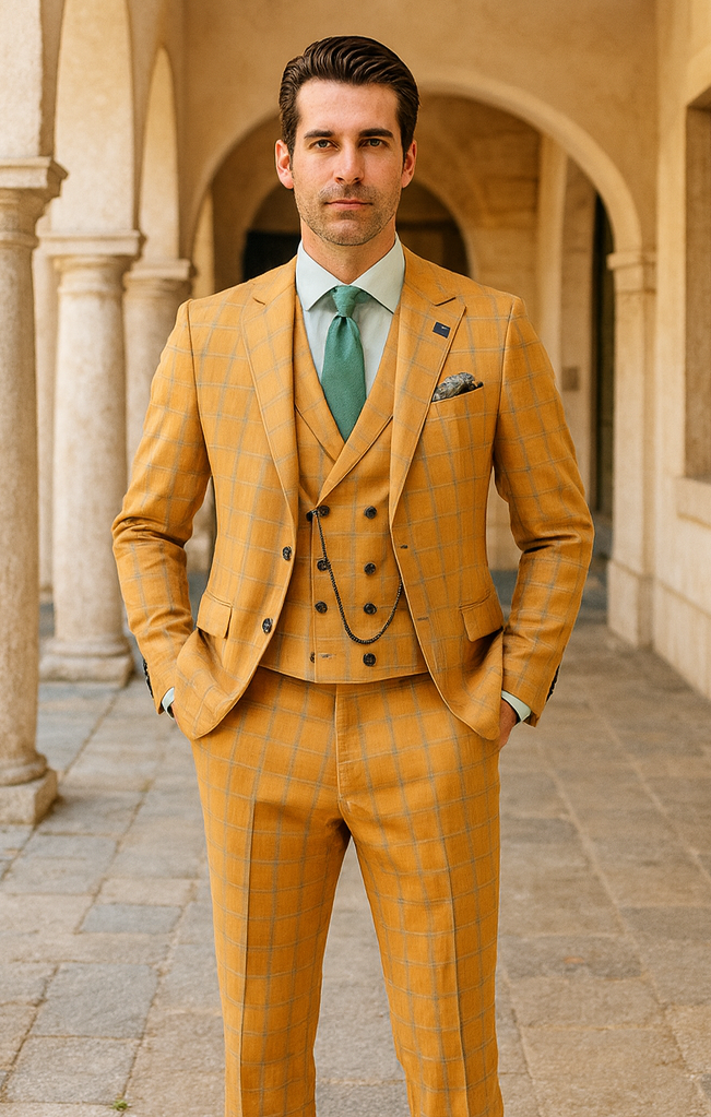 Men’s Stylish Plaid Wedding Suit – Yellow 3-Piece Ensemble Modern Fit