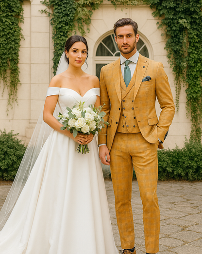 Men’s Stylish Plaid Wedding Suit – Yellow 3-Piece Ensemble Modern Fit