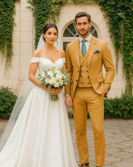 Men’s Stylish Plaid Wedding Suit – Yellow 3-Piece Ensemble