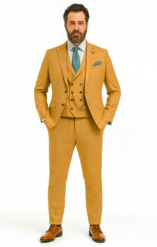 Men’s Stylish Plaid Wedding Suit – Yellow 3-Piece Ensemble Modern Fit