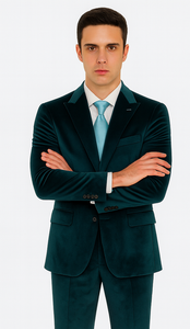 Men’s Designer Teal Velvet Suit – Slim Fit Peak Lapel 2-Piece by Tazzio