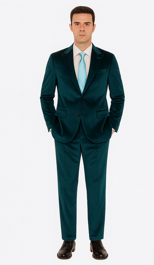Men’s Designer Teal Velvet Suit – Slim Fit Peak Lapel 2-Piece by Tazzio