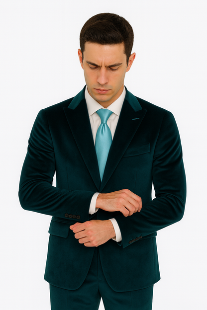 Men’s Designer Teal Velvet Suit – Slim Fit Peak Lapel 2-Piece by Tazzio