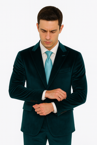 Men’s Designer Teal Velvet Suit – Slim Fit Peak Lapel 2-Piece by Tazzio