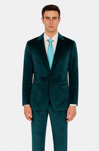 Men’s Designer Teal Velvet Suit – Slim Fit Peak Lapel 2-Piece by Tazzio