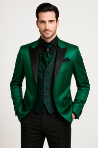 Men Shiny Satin Wedding Suits 2 Pieces Emerald Green Tuxedos Jacket + Pants + Bowtie - Slim Fitted