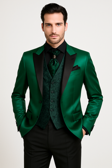 Men Shiny Satin Wedding Suits 2 Pieces Emerald Green Tuxedos Jacket + Pants + Bowtie - Slim Fitted
