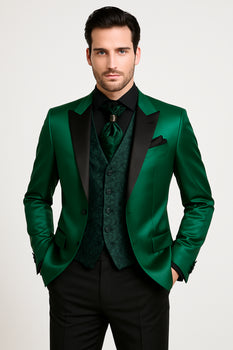 Men Shiny Satin Wedding Suits 2 Pieces Emerald Green Tuxedos Jacket + Pants + Bowtie - Slim Fitted