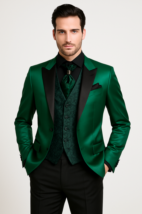Men Shiny Satin Wedding Suits 2 Pieces Emerald Green Tuxedos Jacket + Pants + Bowtie - Slim Fitted