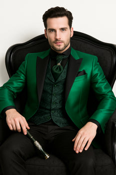 Men Shiny Satin Wedding Suits 2 Pieces Emerald Green Tuxedos Jacket + Pants + Bowtie - Slim Fitted - Image 7