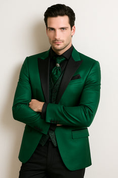 Men Shiny Satin Wedding Suits 2 Pieces Emerald Green Tuxedos Jacket + Pants + Bowtie - Slim Fitted - Image 4