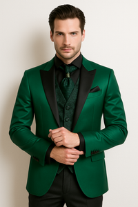 Men Shiny Satin Wedding Suits 2 Pieces Emerald Green Tuxedos Jacket + Pants + Bowtie - Slim Fitted