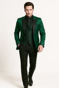 Men Shiny Satin Wedding Suits 2 Pieces Emerald Green Tuxedos Jacket + Pants + Bowtie - Slim Fitted