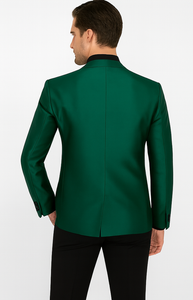 Men Shiny Satin Wedding Suits 2 Pieces Emerald Green Tuxedos Jacket + Pants + Bowtie - Slim Fitted