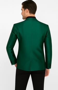 Men Shiny Satin Wedding Suits 2 Pieces Emerald Green Tuxedos Jacket + Pants + Bowtie - Slim Fitted - Image 2