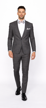 Men’s Slim Fit Charcoal Plaid Suit by Rossiman Rossi – 1-Button Jacket & Tapered Pants