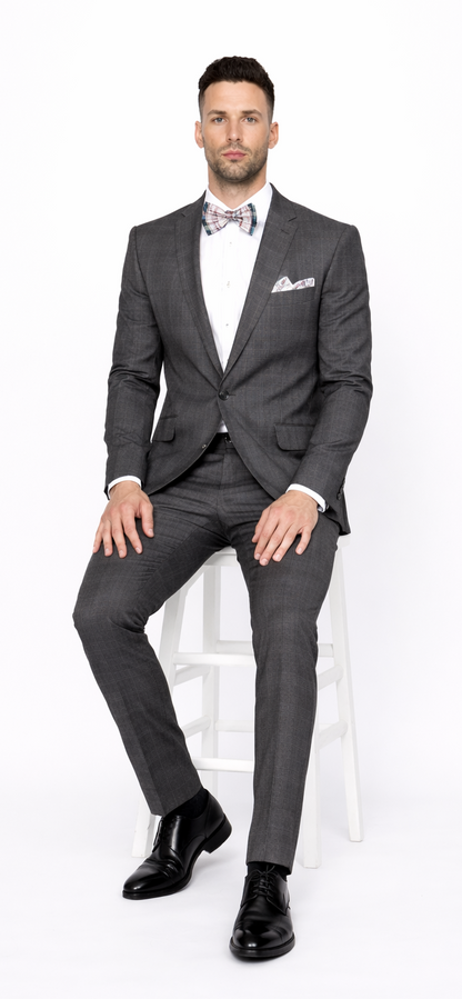 Men’s Slim Fit Charcoal Plaid Suit by Rossiman Rossi – 1-Button Jacket & Tapered Pants