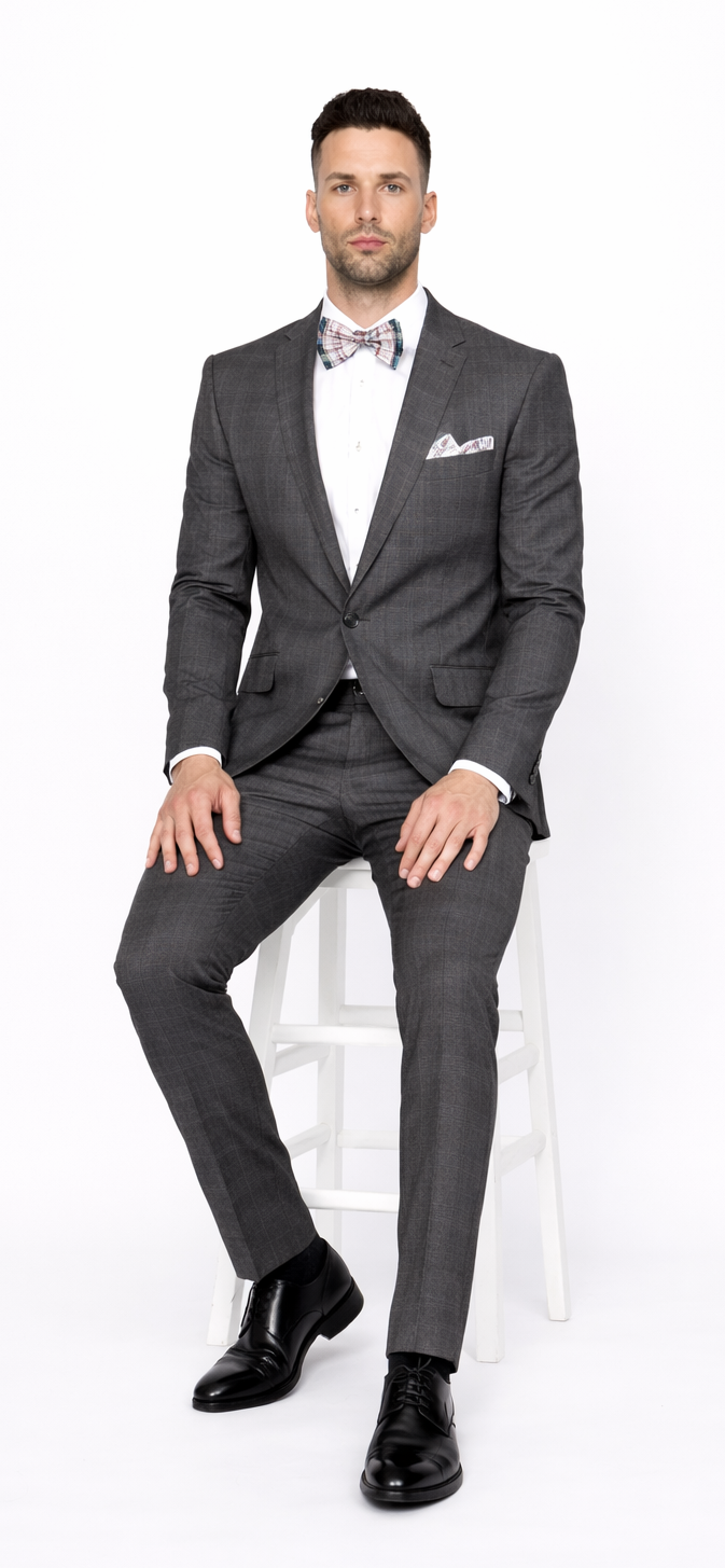 Men’s Slim Fit Charcoal Plaid Suit by Rossiman Rossi – 1-Button Jacket & Tapered Pants