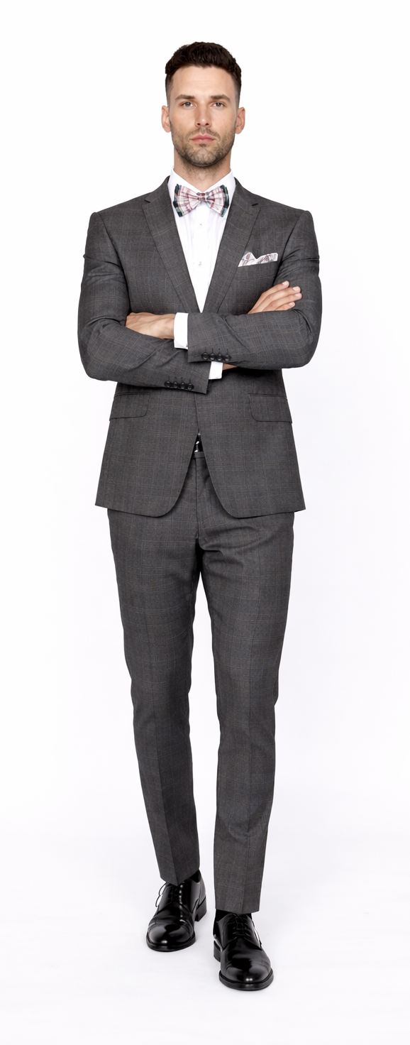 Men’s Slim Fit Charcoal Plaid Suit by Rossiman Rossi – 1-Button Jacket & Tapered Pants