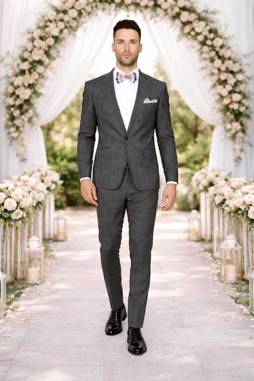 Men’s Slim Fit Charcoal Plaid Suit by Rossiman Rossi – 1-Button Jacket & Tapered Pants