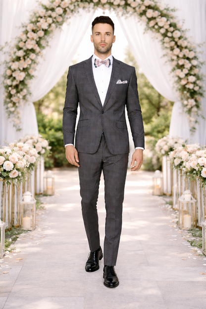 Men’s Slim Fit Charcoal Plaid Suit by Rossiman Rossi – 1-Button Jacket & Tapered Pants