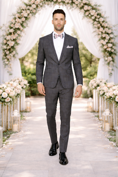 Men’s Slim Fit Charcoal Plaid Suit by Rossiman Rossi – 1-Button Jacket & Tapered Pants