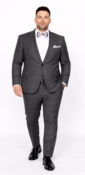 Men’s Slim Fit Charcoal Plaid Suit by Rossiman Rossi – 1-Button Jacket & Tapered Pants