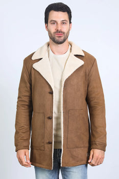 Mens Western Cowboy Long Coat – Brown Faux Suede Frontier Style Jacket
