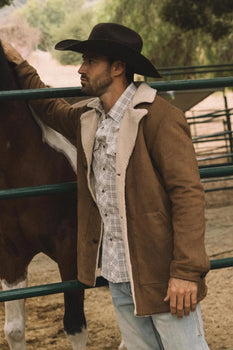 Mens Western Cowboy Long Coat – Brown Faux Suede Frontier Style Jacket