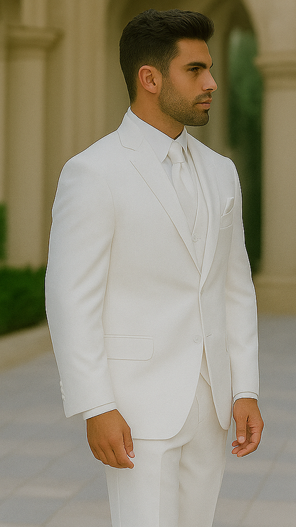 Men's 2 or 3 buttons 3 Piece Snow White Three Piece Vested Suit  Pleated Pants Side Vent - Image 4