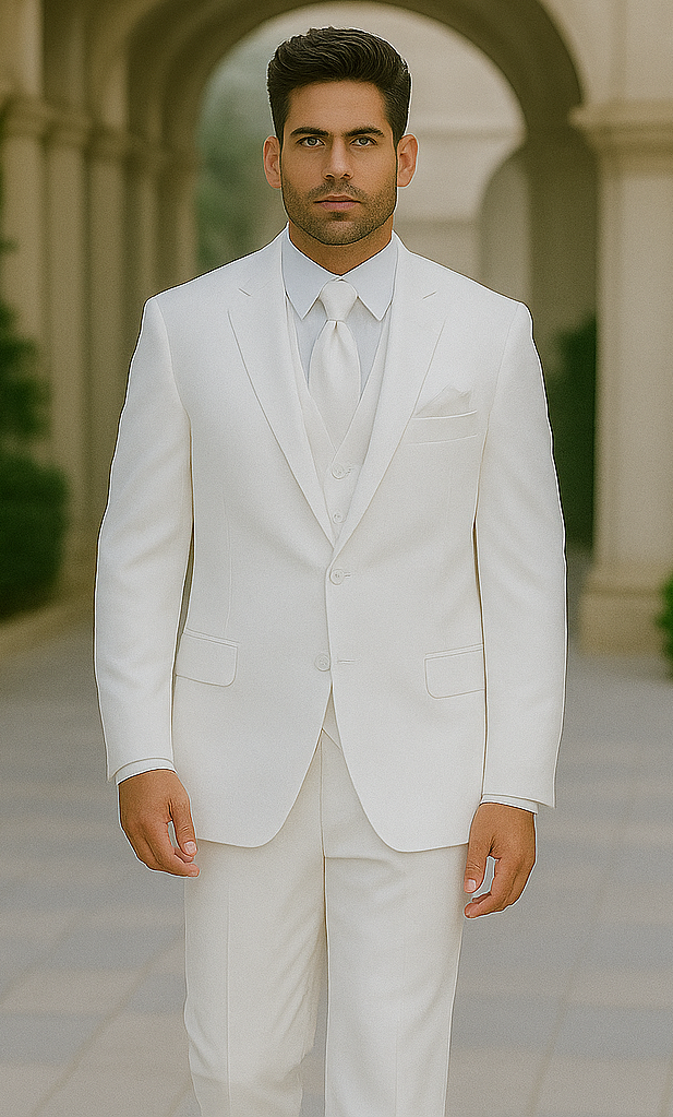 Men's 2 or 3 buttons 3 Piece Snow White Three Piece Vested Suit  Pleated Pants Side Vent - Image 5