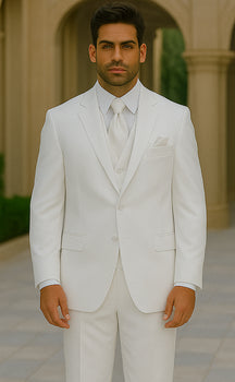 Men's 2 or 3 buttons 3 Piece Snow White Three Piece Vested Suit  Pleated Pants Side Vent