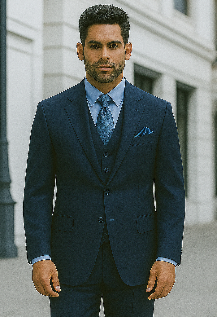 Mens Three Piece Suit - Vested Suit Mens Dark Navy Slim Fitted Cut Skinny Lapel Suit