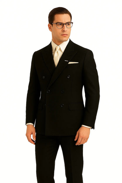 Men's Legend Tom Hardy Look Double Breasted Solid Black Suit - Image 3