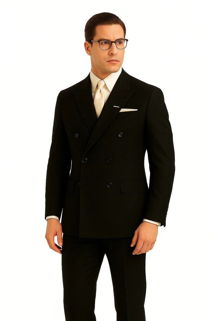 Men's Legend Tom Hardy Look Double Breasted Solid Black Suit - Image 3