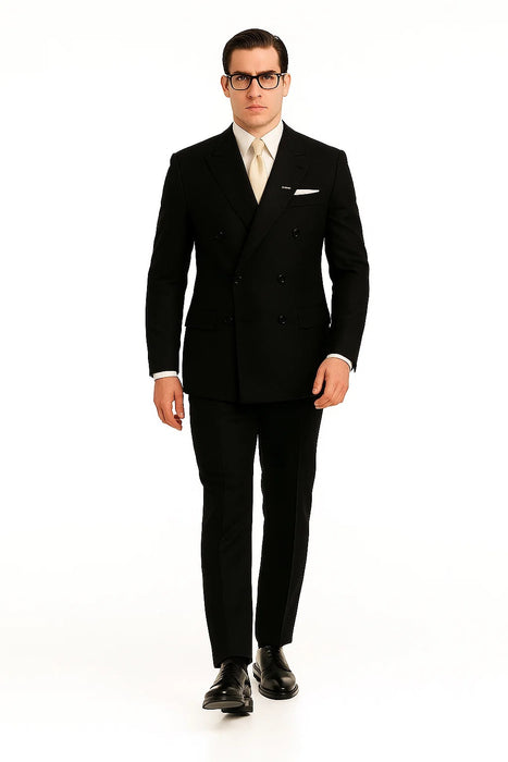 Men's Legend Tom Hardy Look Double Breasted Solid Black Suit